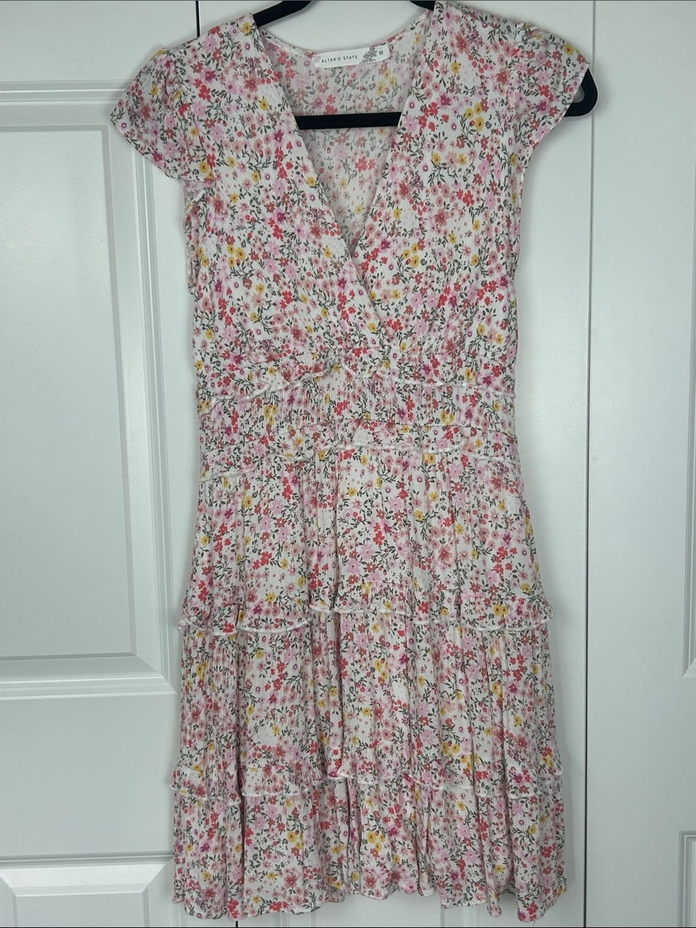 Altar'd State Pink Floral Tiered Wrap Dress